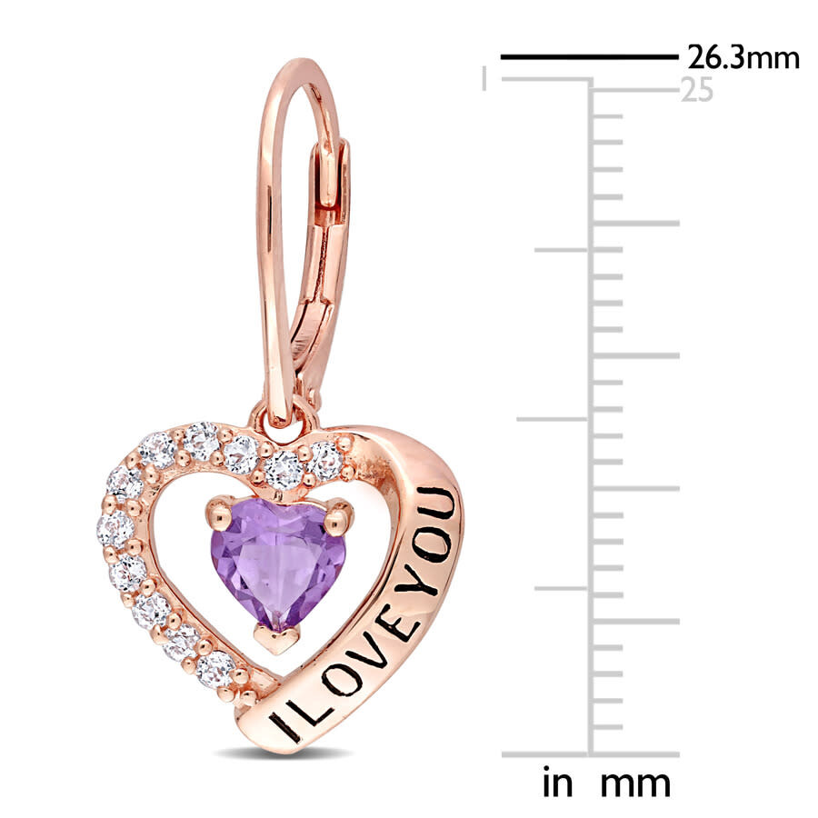 Amour C1 1/2 Ct Tgw Amethyst And White Topaz Heart 'i Love You' Leverback Earrings In Rose Plated St In Pink