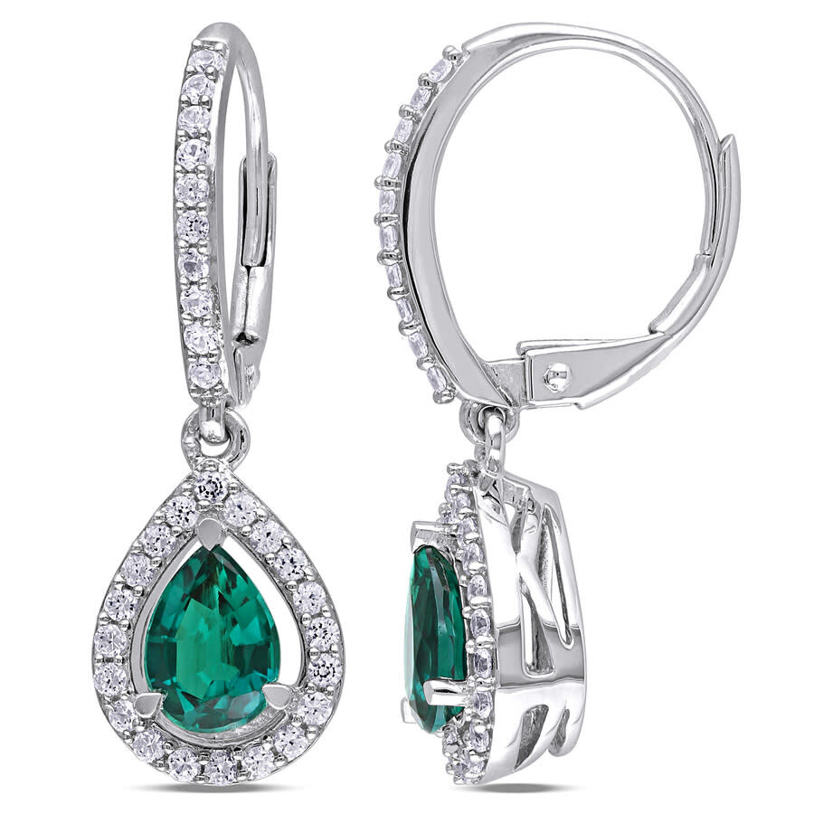 Amour Created Emerald And White Sapphire Teardrop Leverback Earrings In Sterling Silver In White