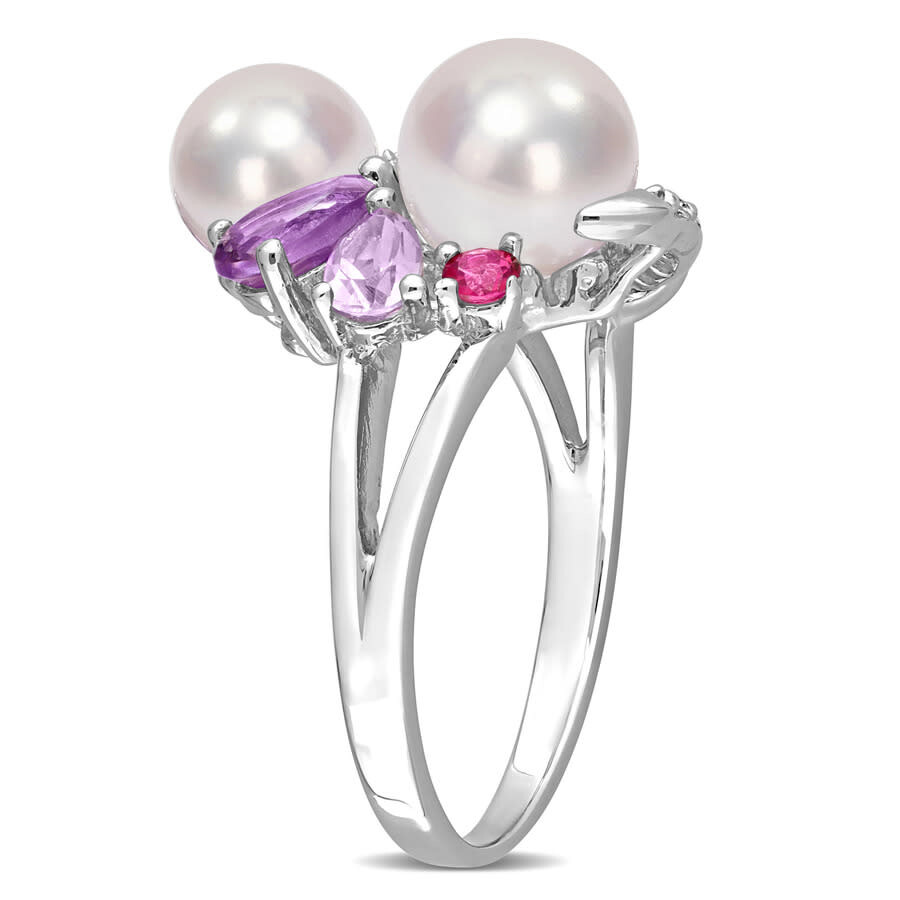 Amour Cultured Freshwater Pearl And 1 3/8 Ct Tgw Multi-gemstone Cocktail Ring In Sterling Silver In White