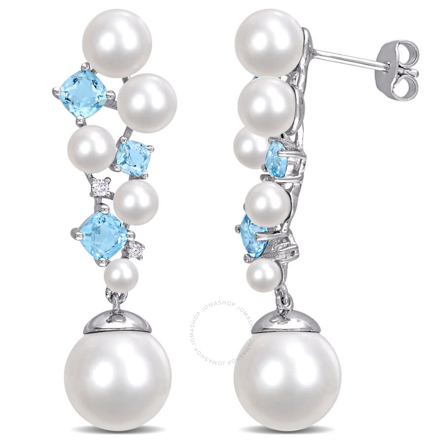 Shop Amour Cultured Freshwater Pearl And Swiss Blue Topaz And Diamond Accent Cluster Drop Earrings In Ste In White