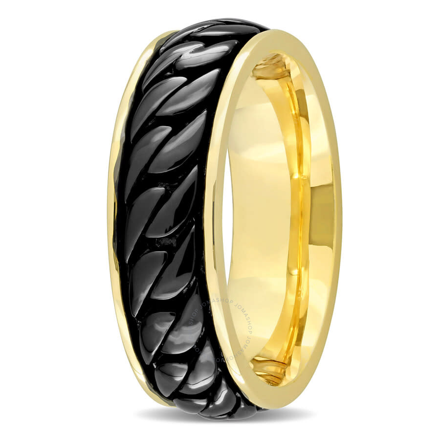 Shop Amour Ribbed Design Men's Ring In Yellow Plated Sterling Silver With Black Rhodium Plating