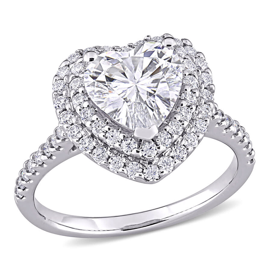 Amour 2 5/8 Ct Dew Created Moissanite Double Heart Halo Engagement Ring In 10k White Gold In White
