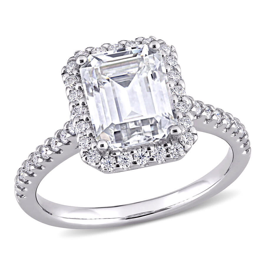 Amour 2 7/8 Ct Dew Emerald Created Moissanite Halo Engagement Ring In 10k White Gold In White