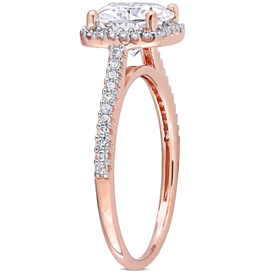Amour 2 Ct Dew Created Moissanite Cushion And 1/4 Ct Tw Diamond Halo Engagement Ring In 14k Rose Gol In White