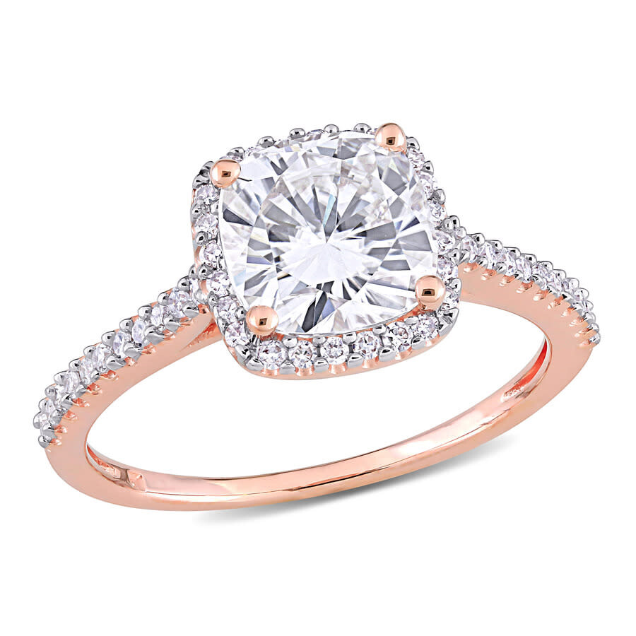 Shop Amour 2 Ct Dew Created Moissanite Cushion And 1/4 Ct Tw Diamond Halo Engagement Ring In 14k Rose Gol In White