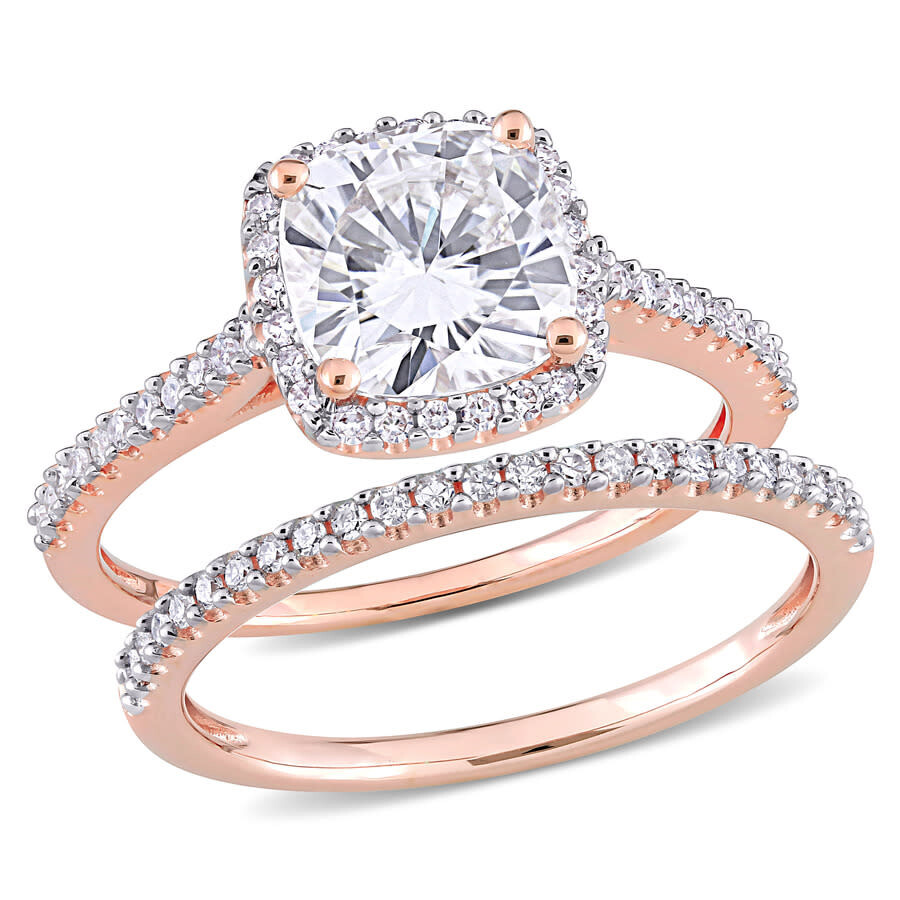 Shop Amour 2 Ct Dew Cushion Created Moissanite And 1/3 Ct Tw Diamond Bridal Ring Set In 14k Rose Gold In White