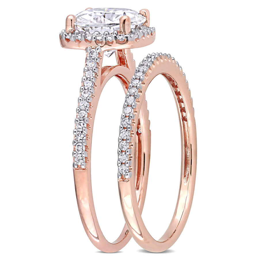 Amour 2 Ct Dew Cushion Created Moissanite And 1/3 Ct Tw Diamond Bridal Ring Set In 14k Rose Gold In White