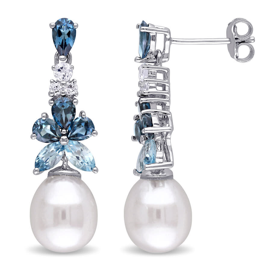 London, Sky Blue and White Topaz and 8.5 - 9 Mm White Cultured Freshwater Pearl Drop Earrings In Sterling Silver