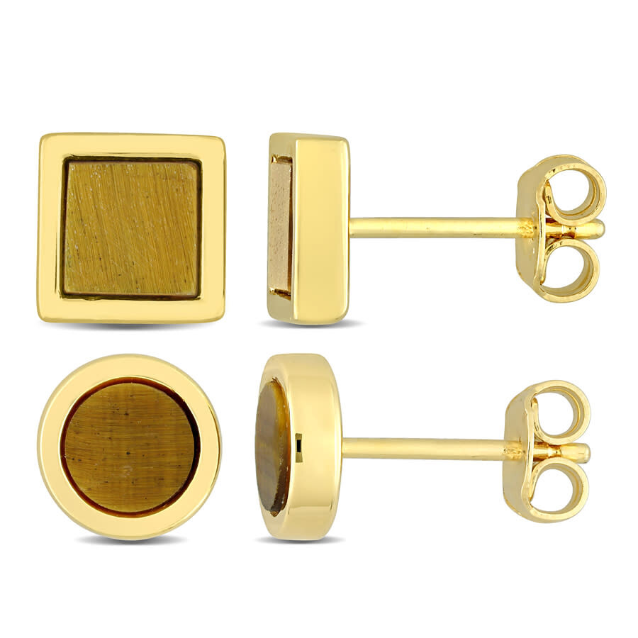 Amour Men's 2-piece Set 1 5/8ct Tigers Eye Square And Round Stud Earrings In Yellow Silver In Yellow