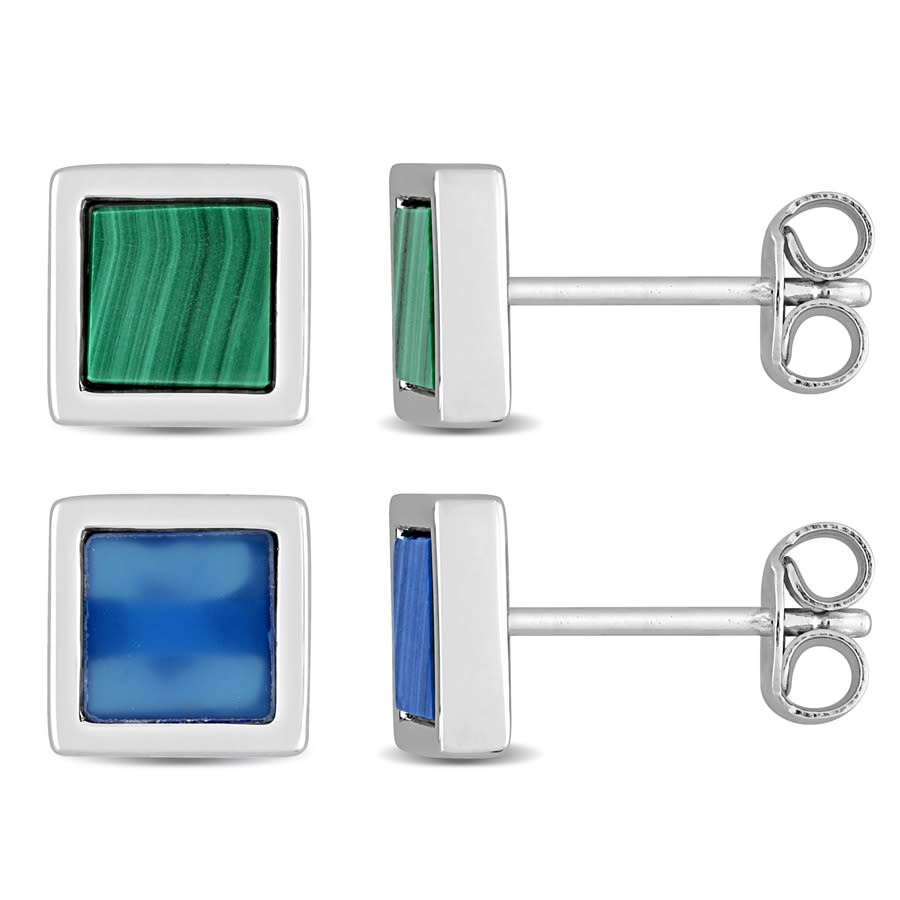 Amour Men's 2-piece Set 2ct Tgw Blue Agate And Malachite Square Stud Earrings In Sterling Silver In White