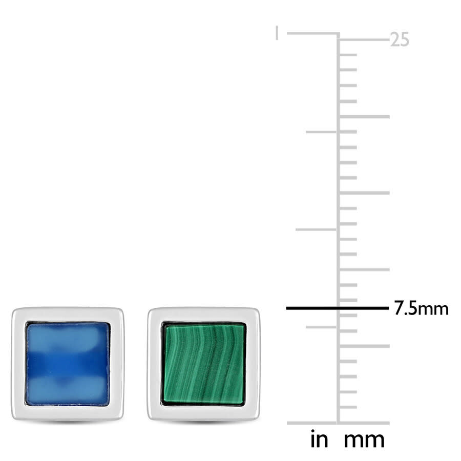 Amour Men's 2-piece Set 2ct Tgw Blue Agate And Malachite Square Stud Earrings In Sterling Silver In White