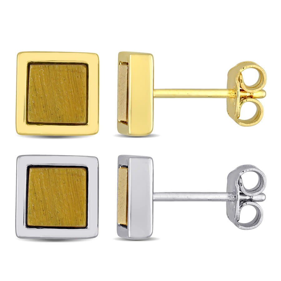 Amour Men's 2-piece Set 2ct Tgw Tigers Eye Square Stud Earrings In Yellow And Sterling Silver In Yellow