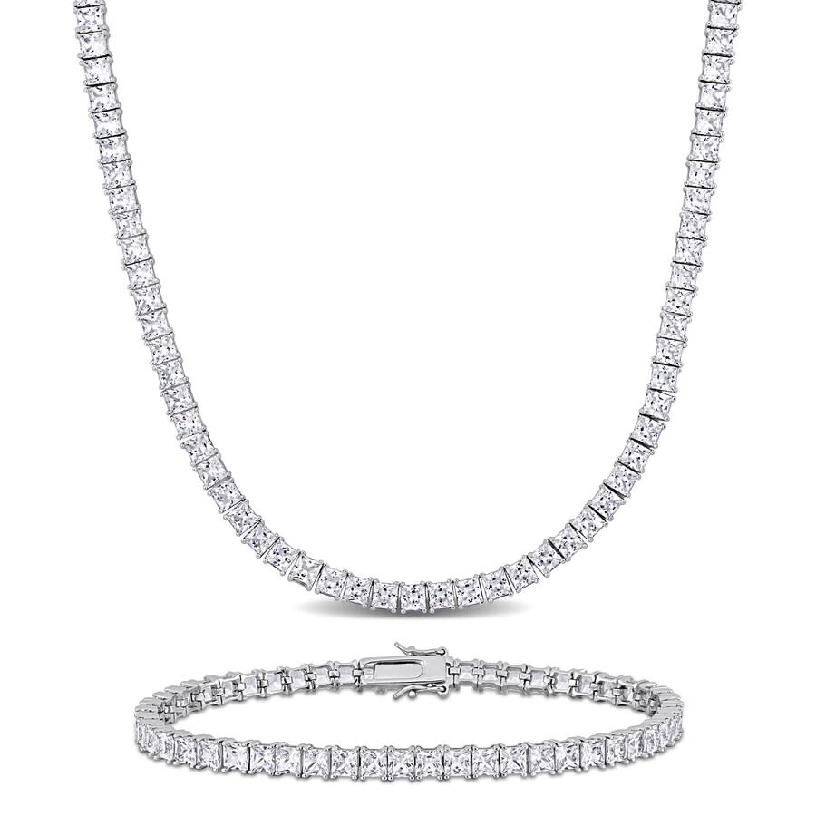 Amour Men's 2-piece Set 63ct Tgw Created White Sapphire Tennis Necklace And Bracelet In Sterling Sil In White