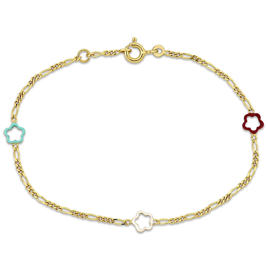Amour Multi-color Enamel Flower Charm Rolo Chain Link Bracelet In 14k Yellow Gold - 6+0.5 In. In Yellow