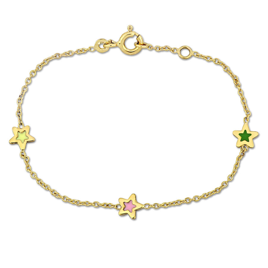 Amour Multi-color Enamel Star Charm Rolo Chain Link Bracelet In 14k Yellow Gold - 5+0.5 In. In Yellow