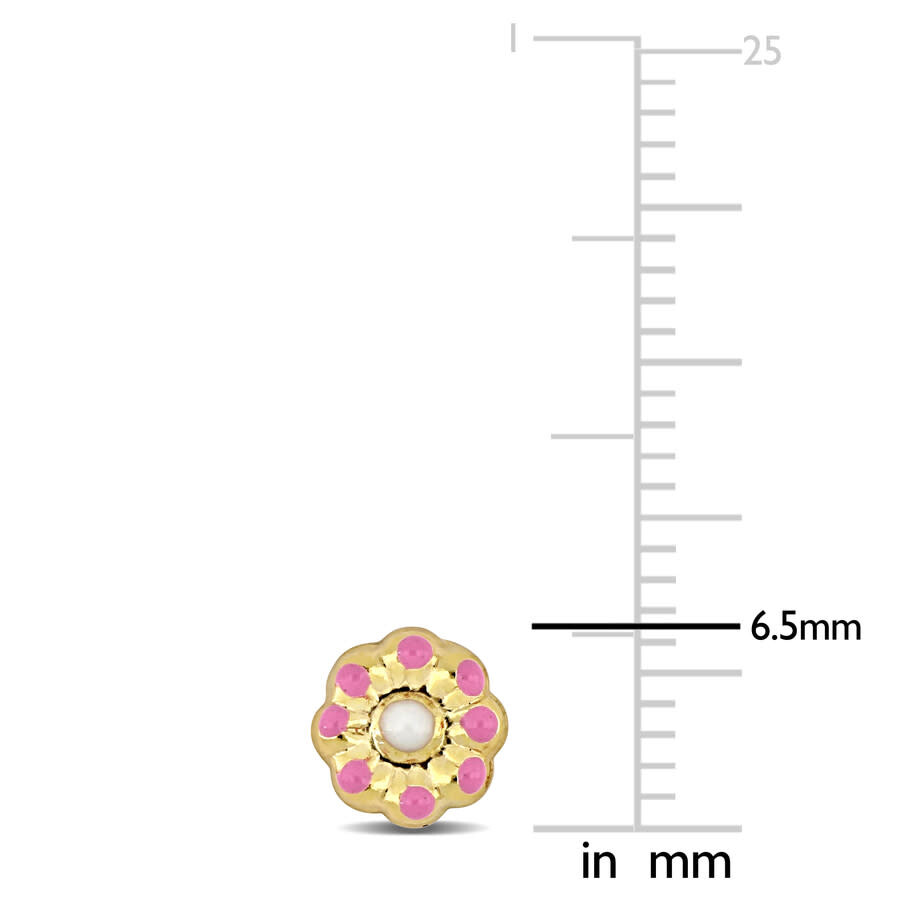 Amour Pink And White Enamel Flower Stud Earrings In 14k Yellow Gold In Yellow