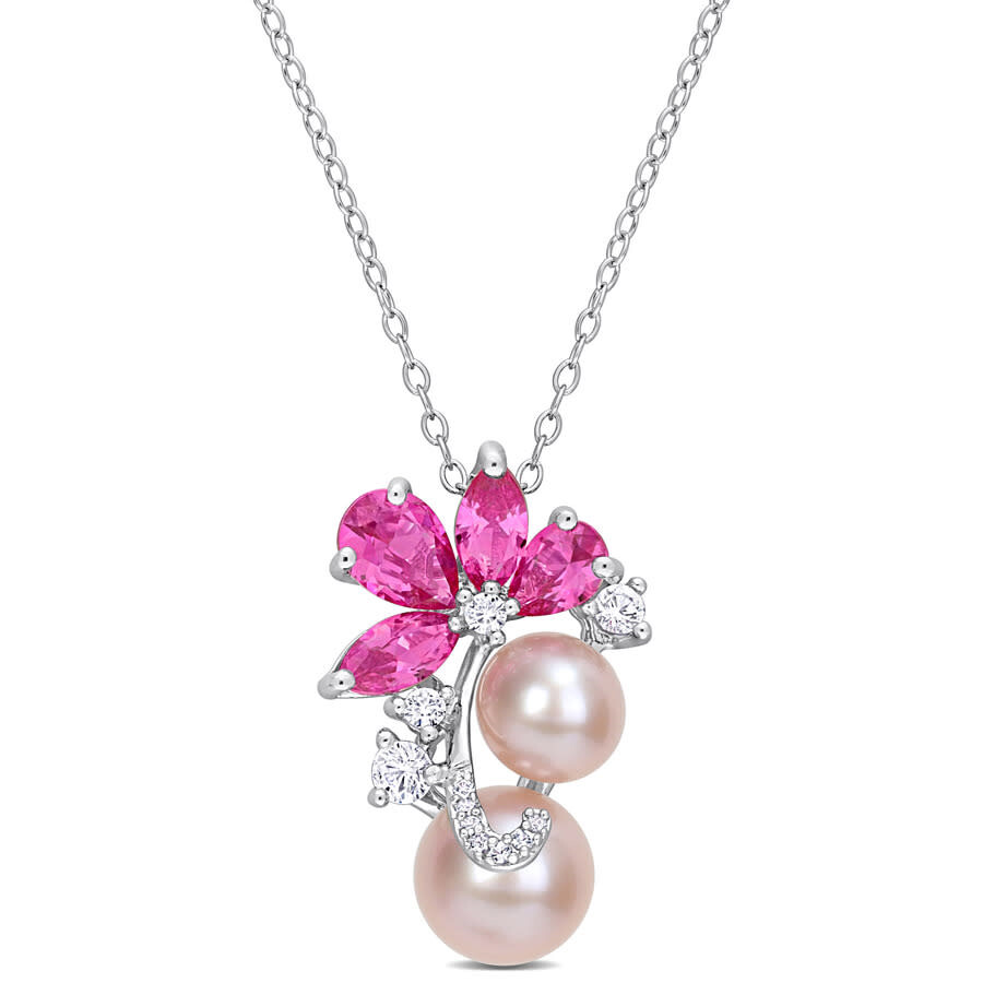 Amour Pink Cultured Freshwater Pearl & 3 1/8 Ct Tgw Created Pink And White Sapphire Pendant With Cha In White