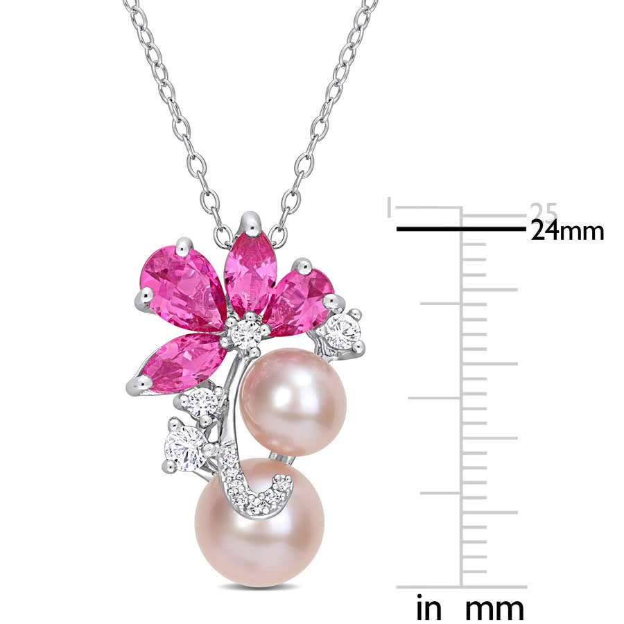 Amour Pink Cultured Freshwater Pearl & 3 1/8 Ct Tgw Created Pink And White Sapphire Pendant With Cha In White