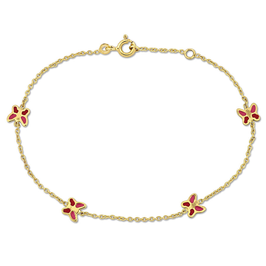 Amour Pink Enamel Butterfly Charm Rolo Chain Link Bracelet In 14k Yellow Gold - 6.5+0.5 In. In Yellow
