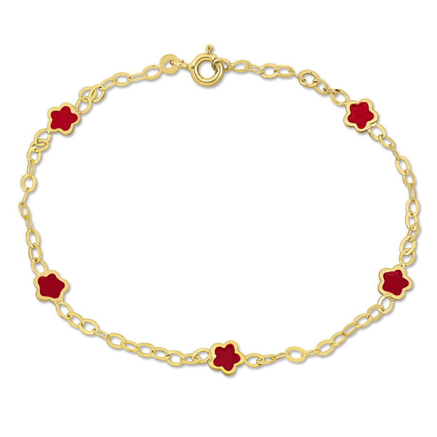 Amour Pink Enamel Flower Charm Station Bracelet In 14k Yellow Gold - 7 In. In Yellow