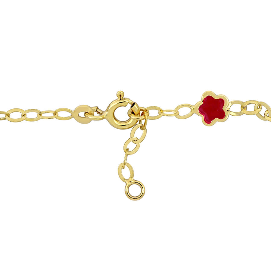 Amour Pink Enamel Flower Charm Station Bracelet In 14k Yellow Gold - 7 In. In Yellow