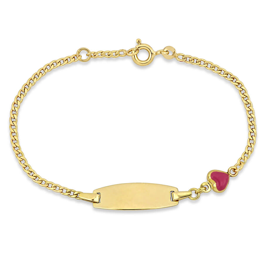 Amour Pink Enamel Heart Charm Id Bracelet In 14k Yellow Gold - 5+0.5 In. In Yellow