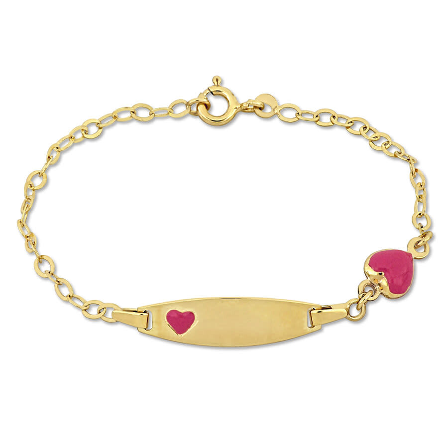 Amour Pink Enamel Heart Charm Link Chain Id Bracelet In 14k Yellow Gold - 6.5+0.5 In. In Yellow