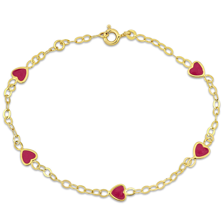 Amour Pink Enamel Heart Charm Link Chain Station Bracelet In 14k Yellow Gold - 7 In. In Yellow