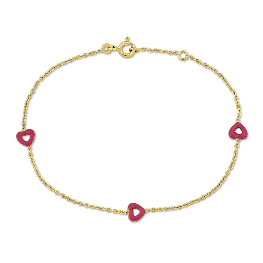 Amour Pink Enamel Heart Charm Rolo Link Chain Station Bracelet In 14k Yellow Gold - 6.5+0.5 In. In Yellow