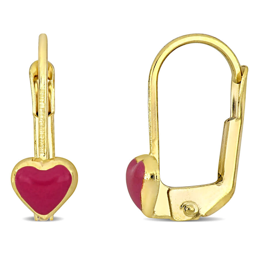 Amour Pink Enamel Heart Leverback Earrings In 14k Yellow Gold In Yellow