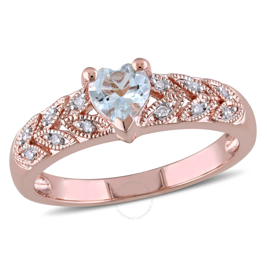 Amour Diamond And Aquamarine Heart Vintage Ring In Pink Plated Sterling Silver In Pink