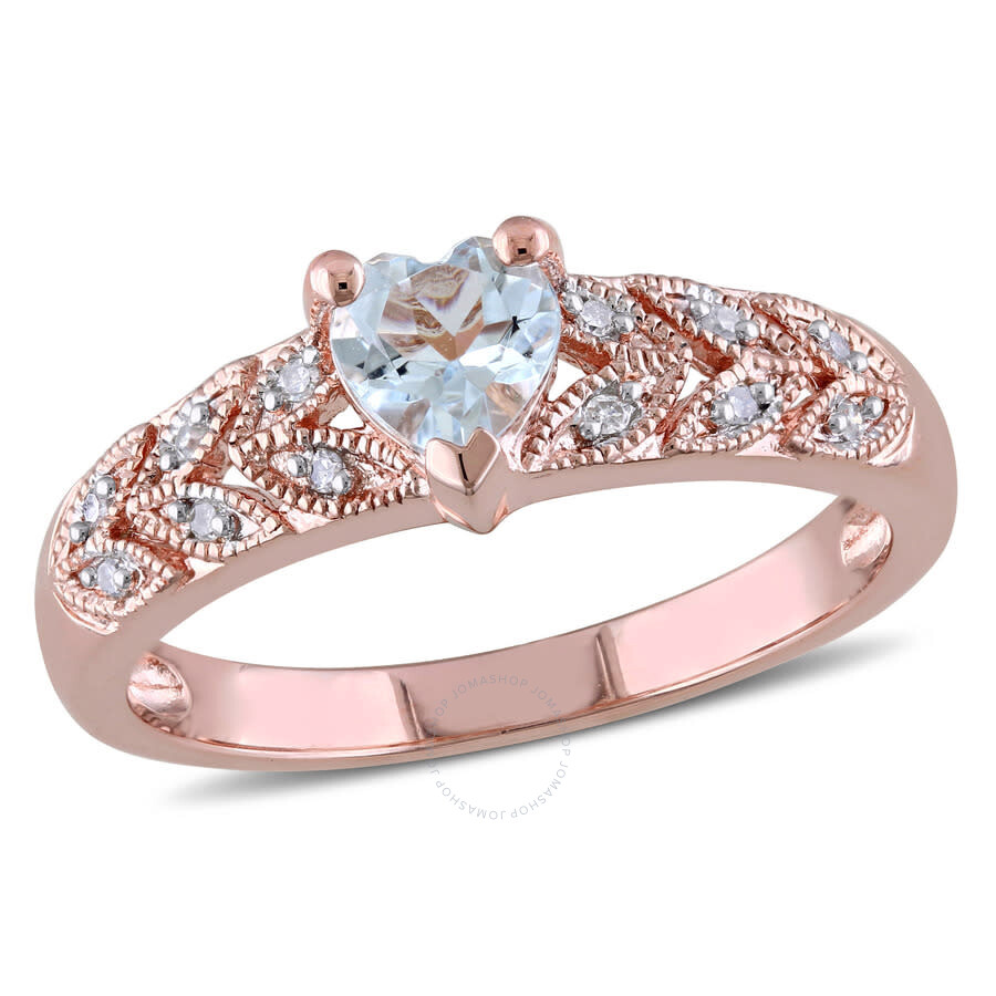 Shop Amour Diamond And Aquamarine Heart Vintage Ring In Pink Plated Sterling Silver