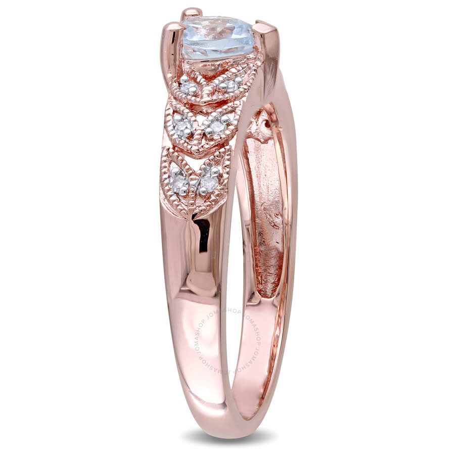 Amour Diamond And Aquamarine Heart Vintage Ring In Pink Plated Sterling Silver In Pink