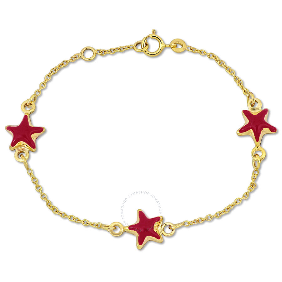 Amour Puff Pink Enamel Star Charm Rolo Chain Link Station Bracelet In 14k Yellow Gold - 5+0.5 In. In Yellow