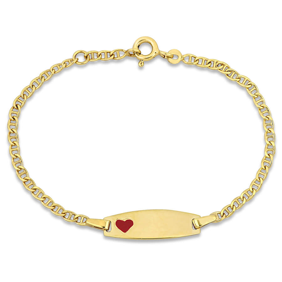 Amour Red Enamel Heart Charm Marine Link Chain Id Bracelet In 14k Yellow Gold - 5+0.5 In. In Yellow