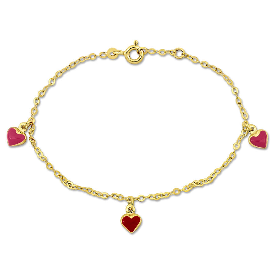 Amour Red Enamel Heart Charm On Rolo Link Chain Station Bracelet In 14k Yellow Gold - 6.5+0.5 In. In Yellow