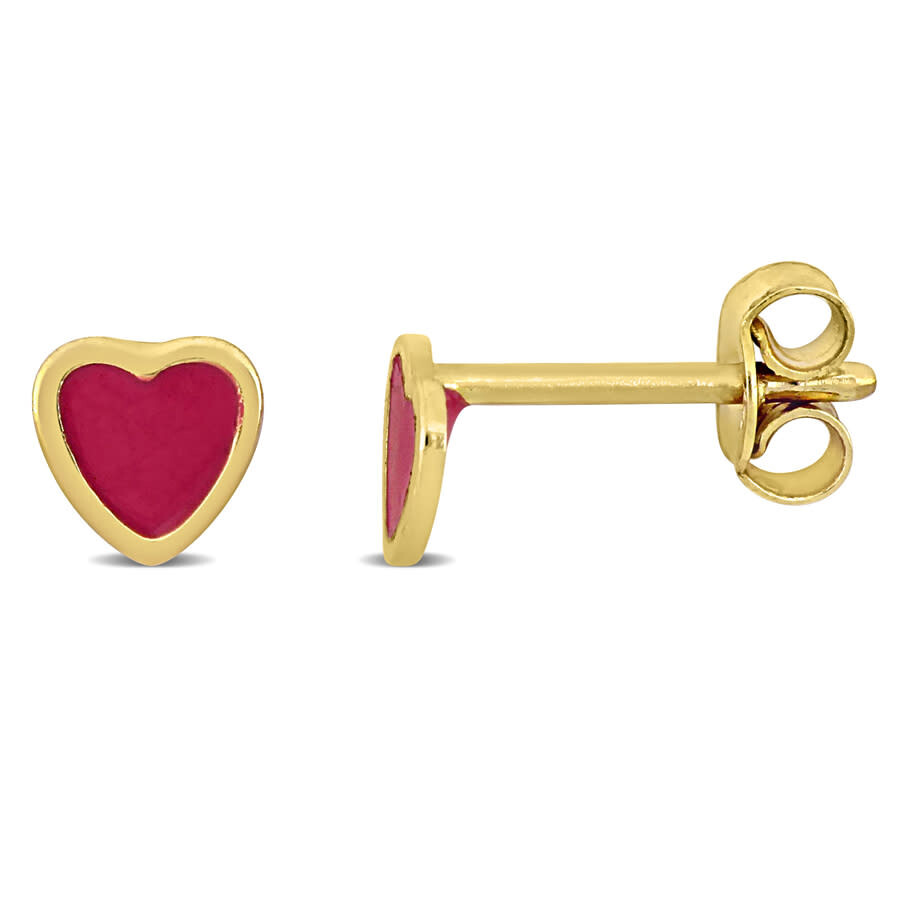 Amour Red Enamel Heart Stud Earrings In 14k Yellow Gold In Yellow