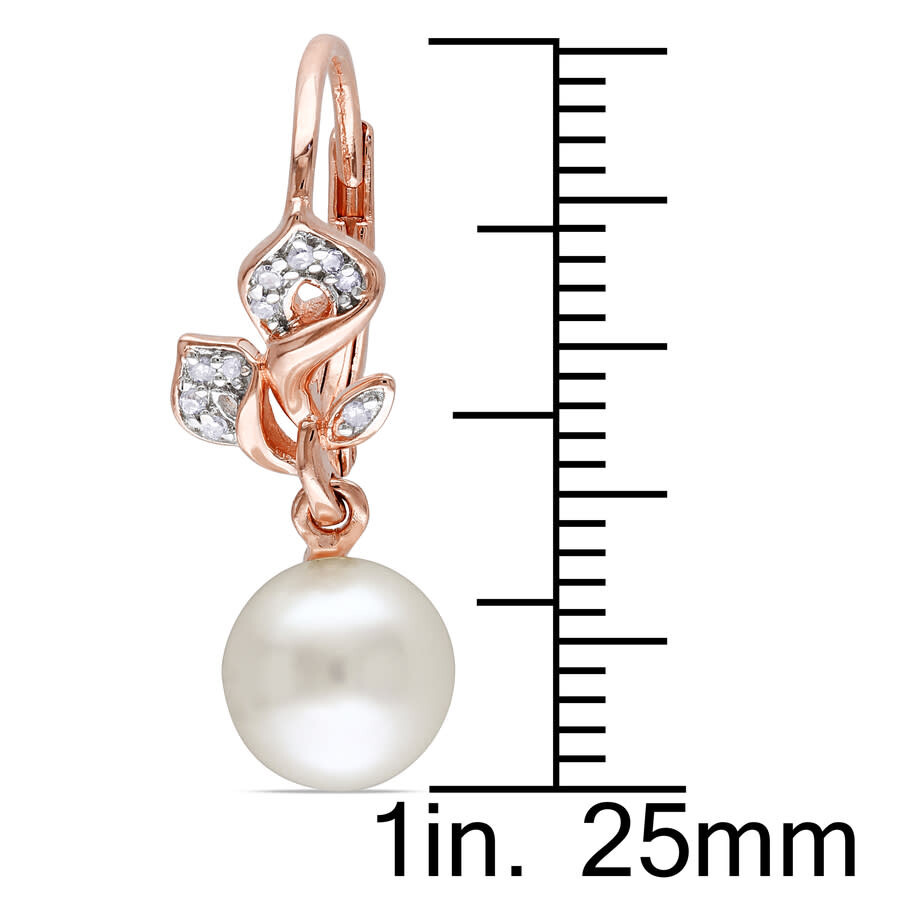 Amour 7.5 - 8 Mm White Cultured Freshwater Pearl And 1/10 Ct Tw Diamond Floral Leverback Drop Earrin In Pink