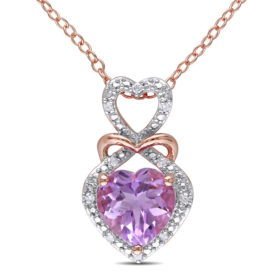 Amour Diamond And Rose De France Triple Heart Halo Pendant With Chain In 2-tone Rose And White Sterl In Pink