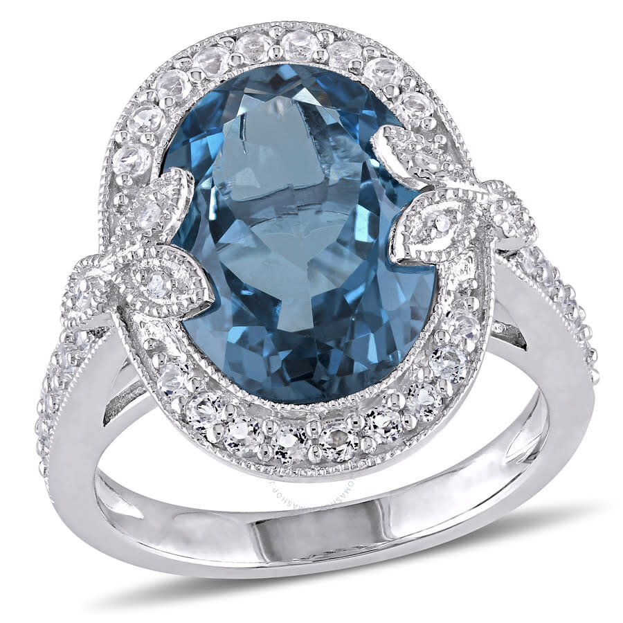 Amour 7 7/8 Ct Tgw Oval Cut Blue And White Topaz And Diamond Halo Trillium Cocktail Ring In Sterling In White