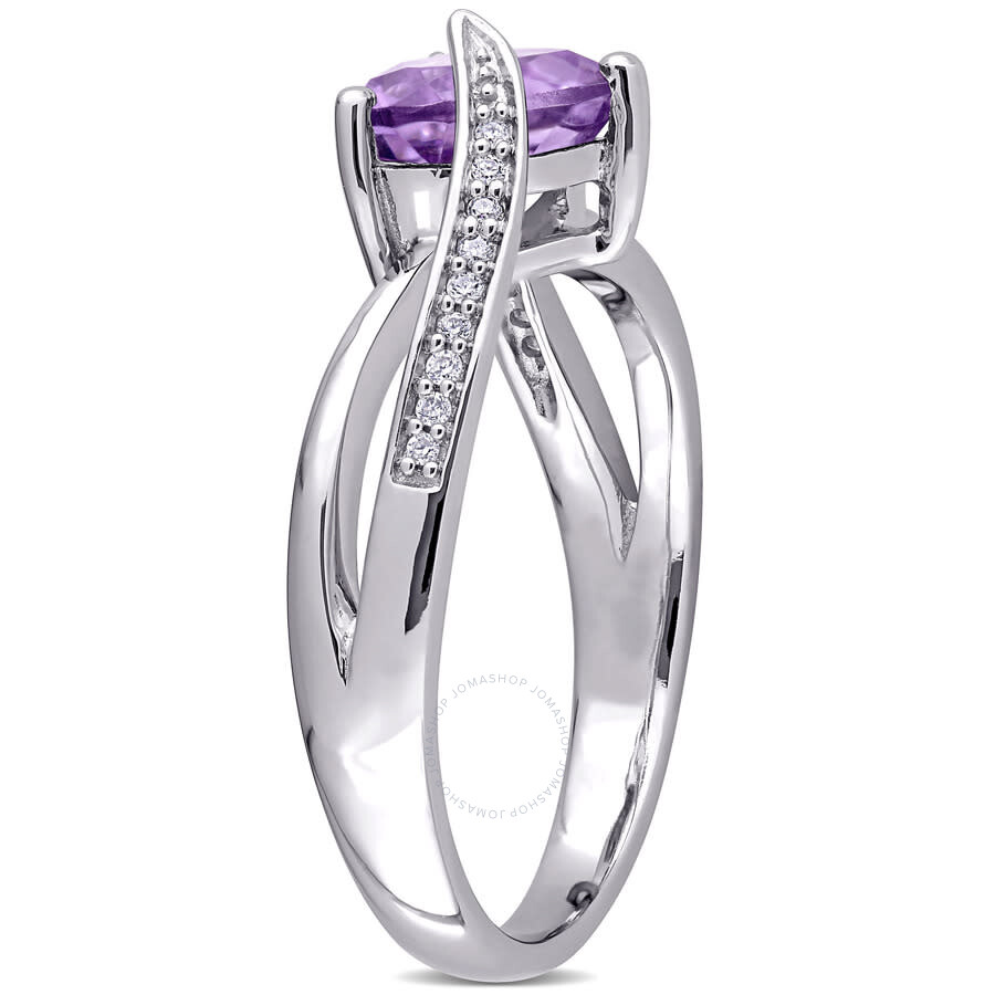Amour Amethyst And Diamond Heart Crossover Ring In Sterling Silver In White