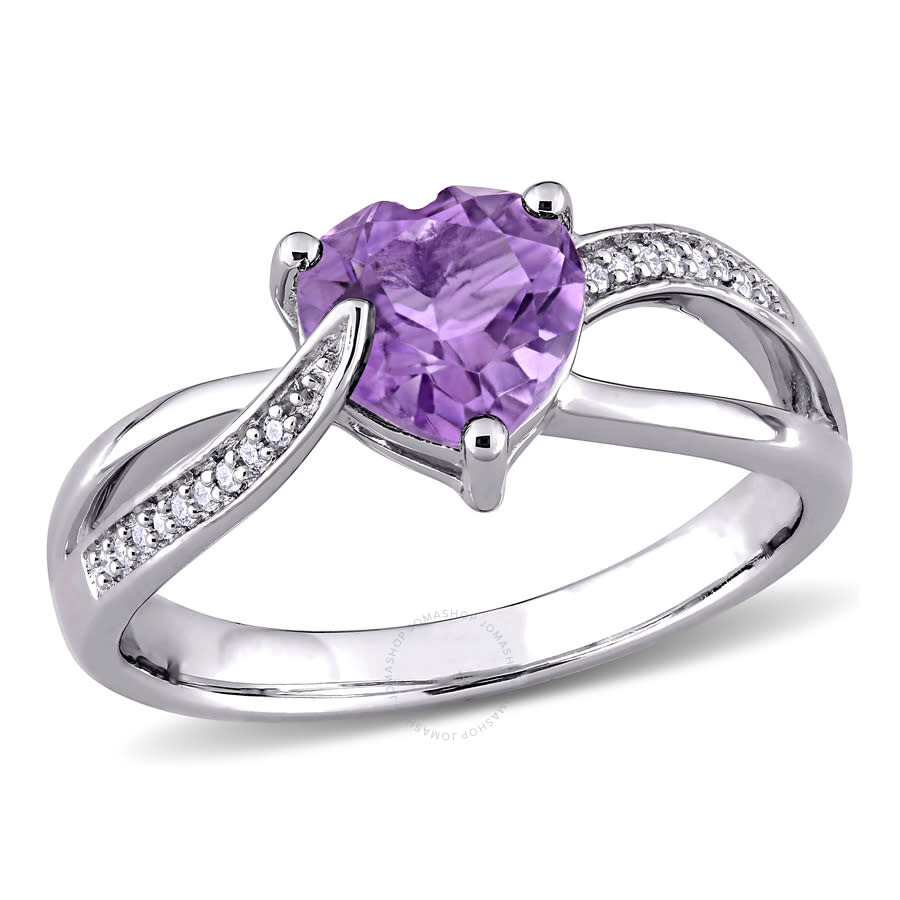 Shop Amour Amethyst And Diamond Heart Crossover Ring In Sterling Silver In White