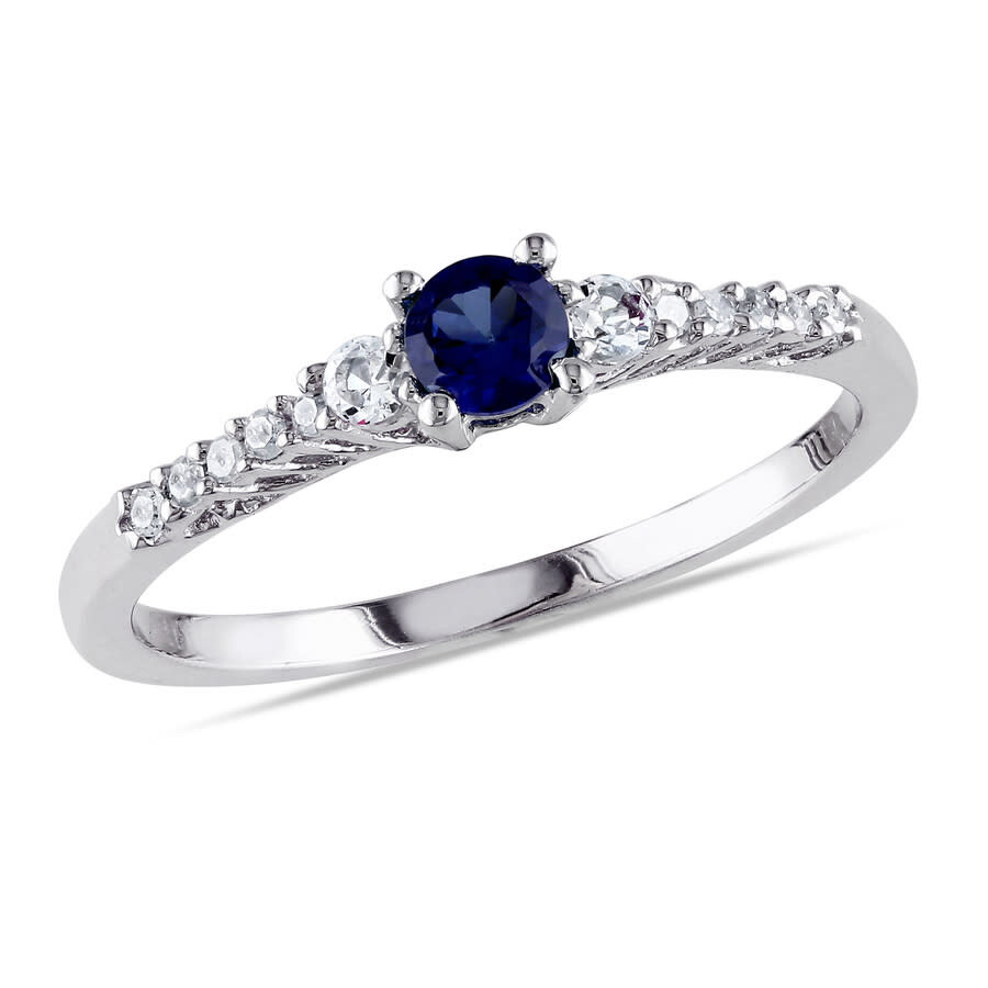 Amour Created Blue And Created White Sapphire And Diamond Accent Ring In Sterling Silver In White