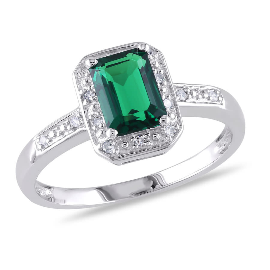 Amour Emerald Cut Created Emerald And Diamond Accent Ring In Sterling Silver In White