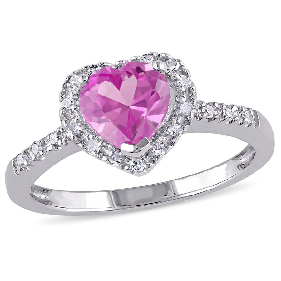 Shop Amour 1/10 Ct Tw Diamond And Created Pink Sapphire Heart Halo Ring In Sterling Silver In White