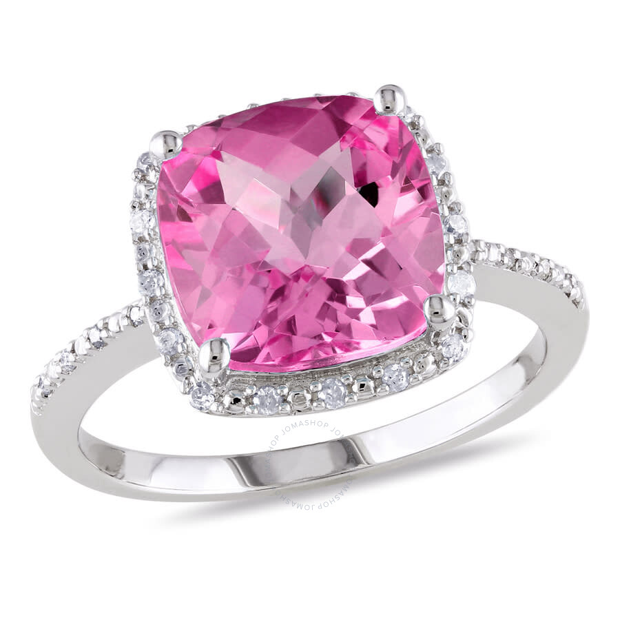 Amour 1/10 Ct Tw Diamond And 5 3/4 Ct Tgw Cushion Cut Created Pink Sapphire Halo Ring In Sterling Si In White