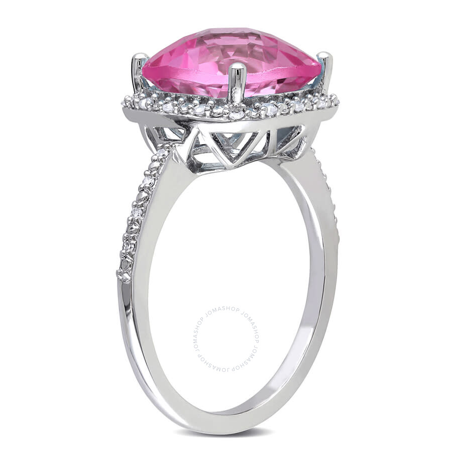 Amour 1/10 Ct Tw Diamond And 5 3/4 Ct Tgw Cushion Cut Created Pink Sapphire Halo Ring In Sterling Si In White