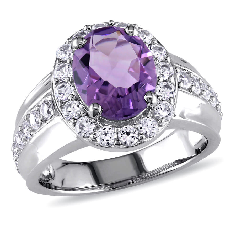 Shop Amour 3 3/8 Ct Tgw Oval Cut Amethyst And Created White Sapphire Halo Ring In Sterling Silver