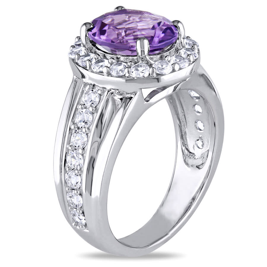 Shop Amour 3 3/8 Ct Tgw Oval Cut Amethyst And Created White Sapphire Halo Ring In Sterling Silver