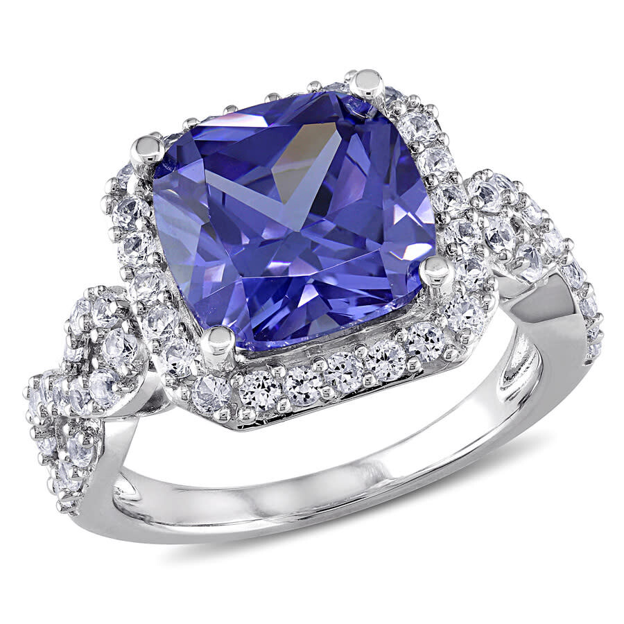 Shop Amour 6 3/4 Ct Tgw Cushion Cut Simulated Tanzanite And Created White Sapphire Halo Ring In Sterling